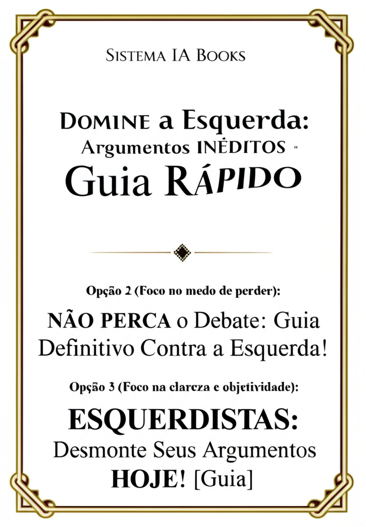 **Opção 1 (Foco na vitória):**DOMINE a Esquerda: Argumentos INÉDITOS + Guia RÁPIDO**Opção 2 (Foco no medo de perder):**NÃO PERCA o Debate: Guia Definitivo Contra a Esquerda!**Opção 3 (Foco na clareza e objetividade):**ESQUERDISTAS: Desmonte Seus Argumento